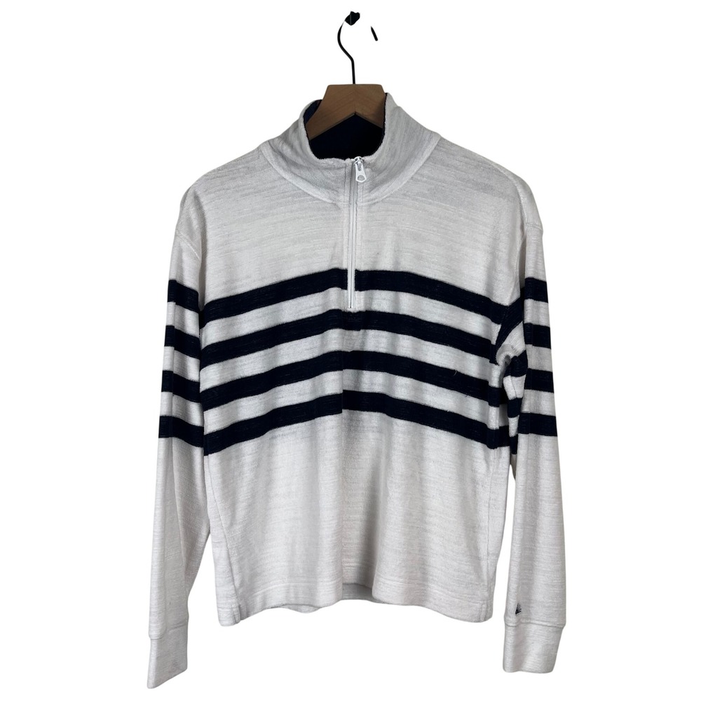Faherty Mens XS Quarter Zip Pullover White Navy Striped Terry WKU2410-ONR